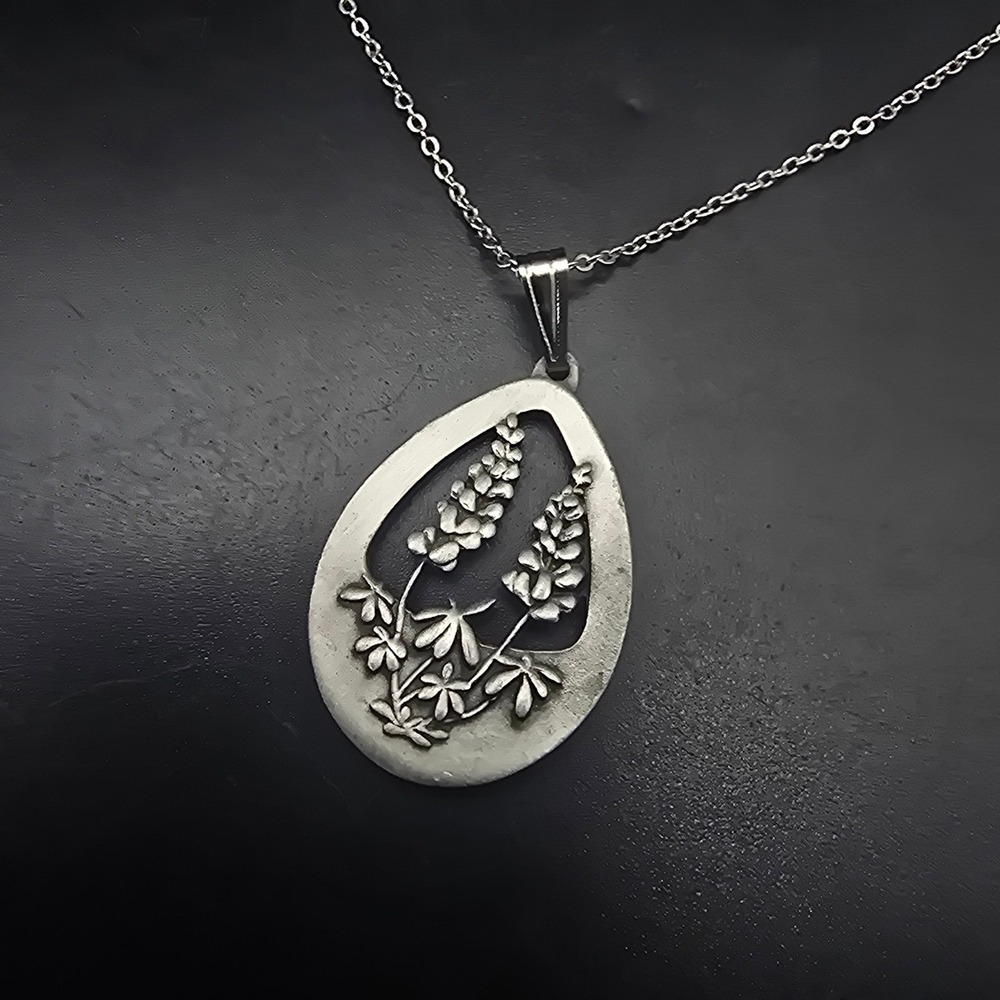 Floral Pewter Pendant Necklace Flowers Vintage Costume Jewelry